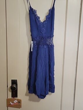 Navy Blue Lace-Trim Spaghetti Strap Romper Cupshie-L NWT